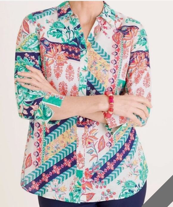 Chico's Tops - Chico's Linen Mixed Print Shirt No Iron Floral Paisley 3/4 Sleeves Boho Casual 1